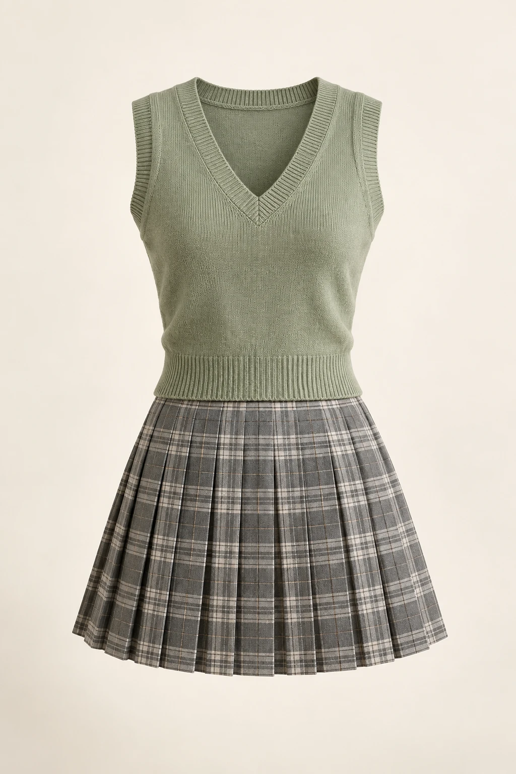 Common Room Sage Pleated Set: Knit sleeveless vest and gray plaid pleated skirt