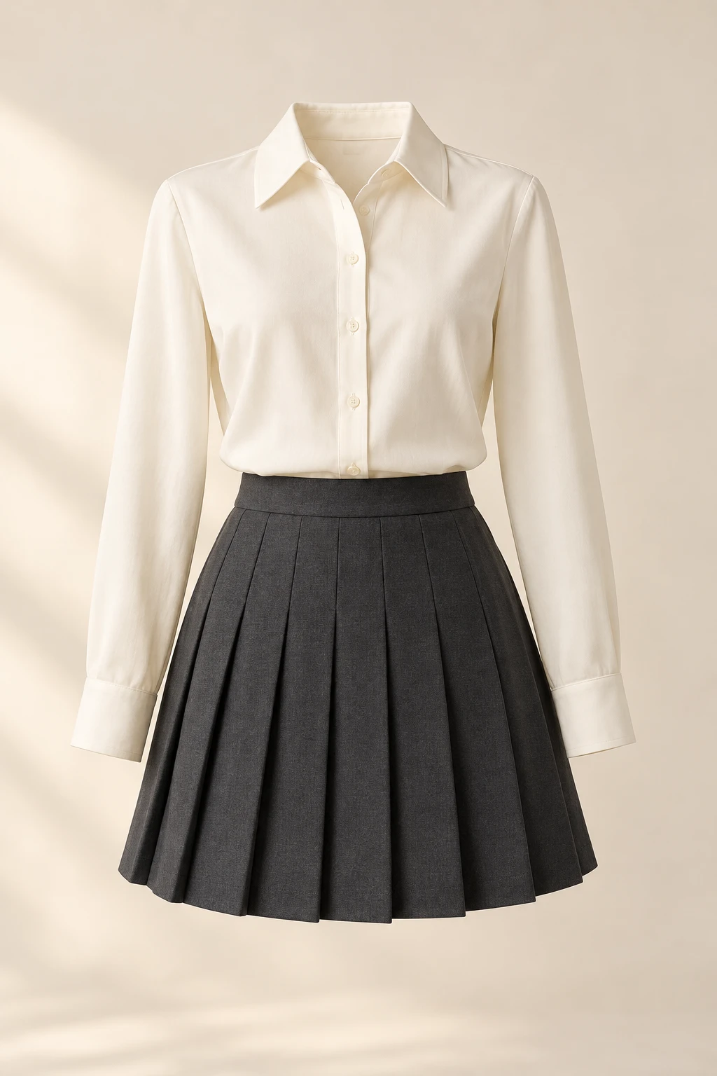 Courtyard Ivory Pleated Set: Long-sleeved collared shirt and solid charcoal pleated skirt