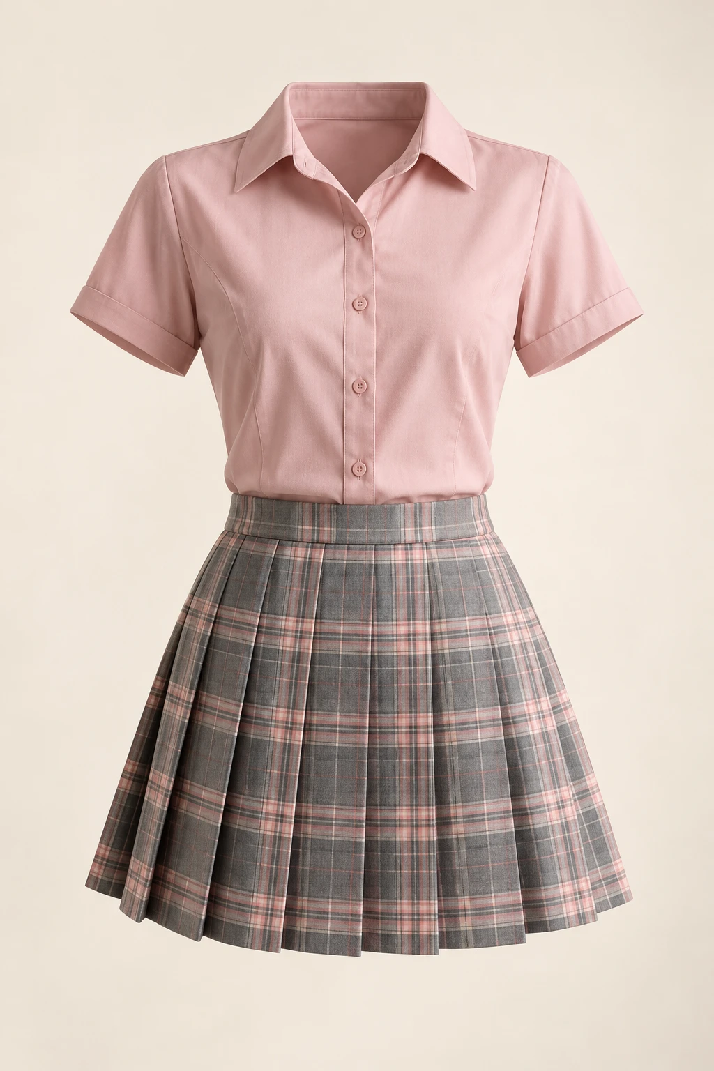 Courtyard Rose Pleated Set: Short-sleeved collared shirt and gray and muted pink plaid pleated skirt