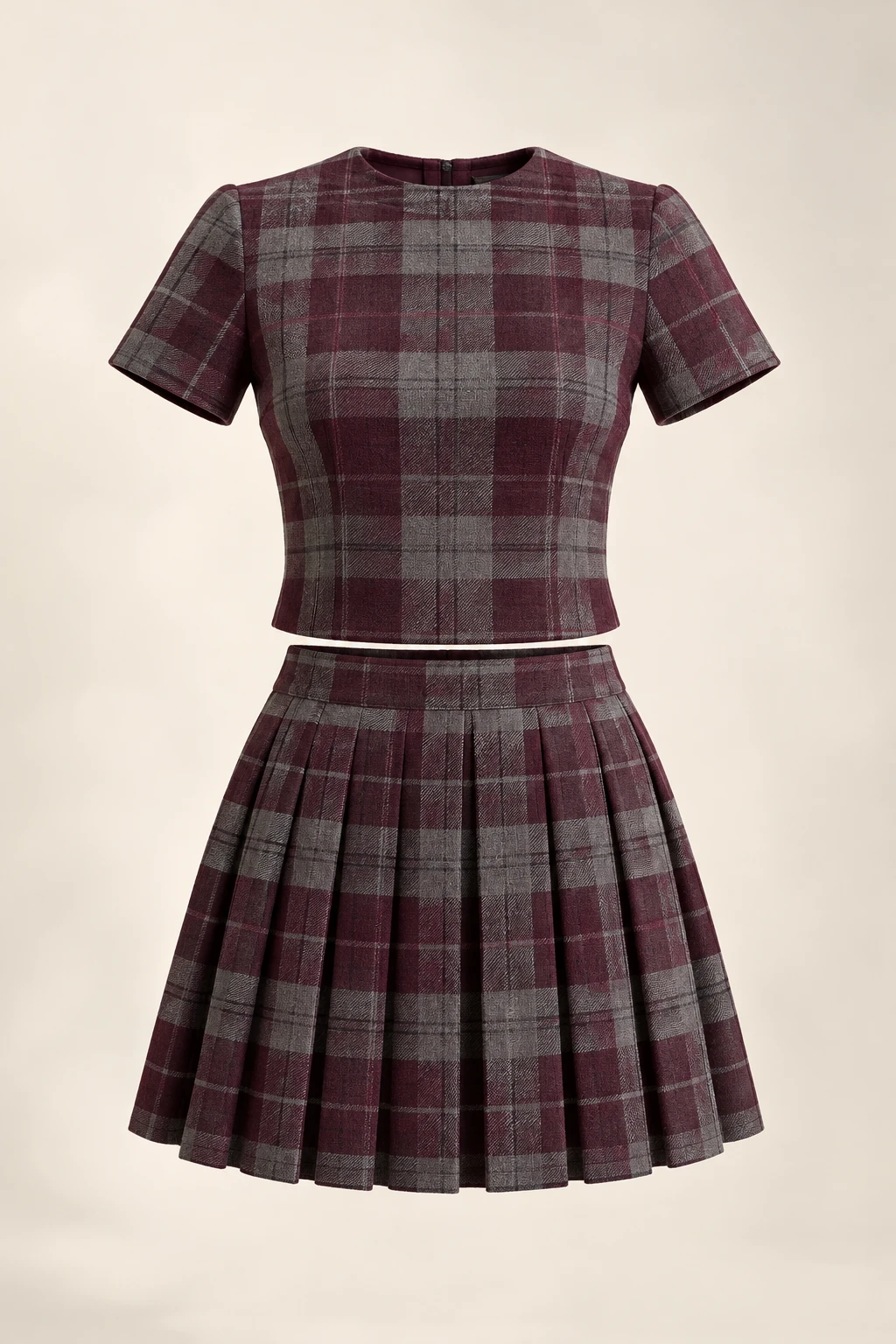 Library Plum Pleated Set: Short-sleeved top and plum and gray plaid pleated skirt