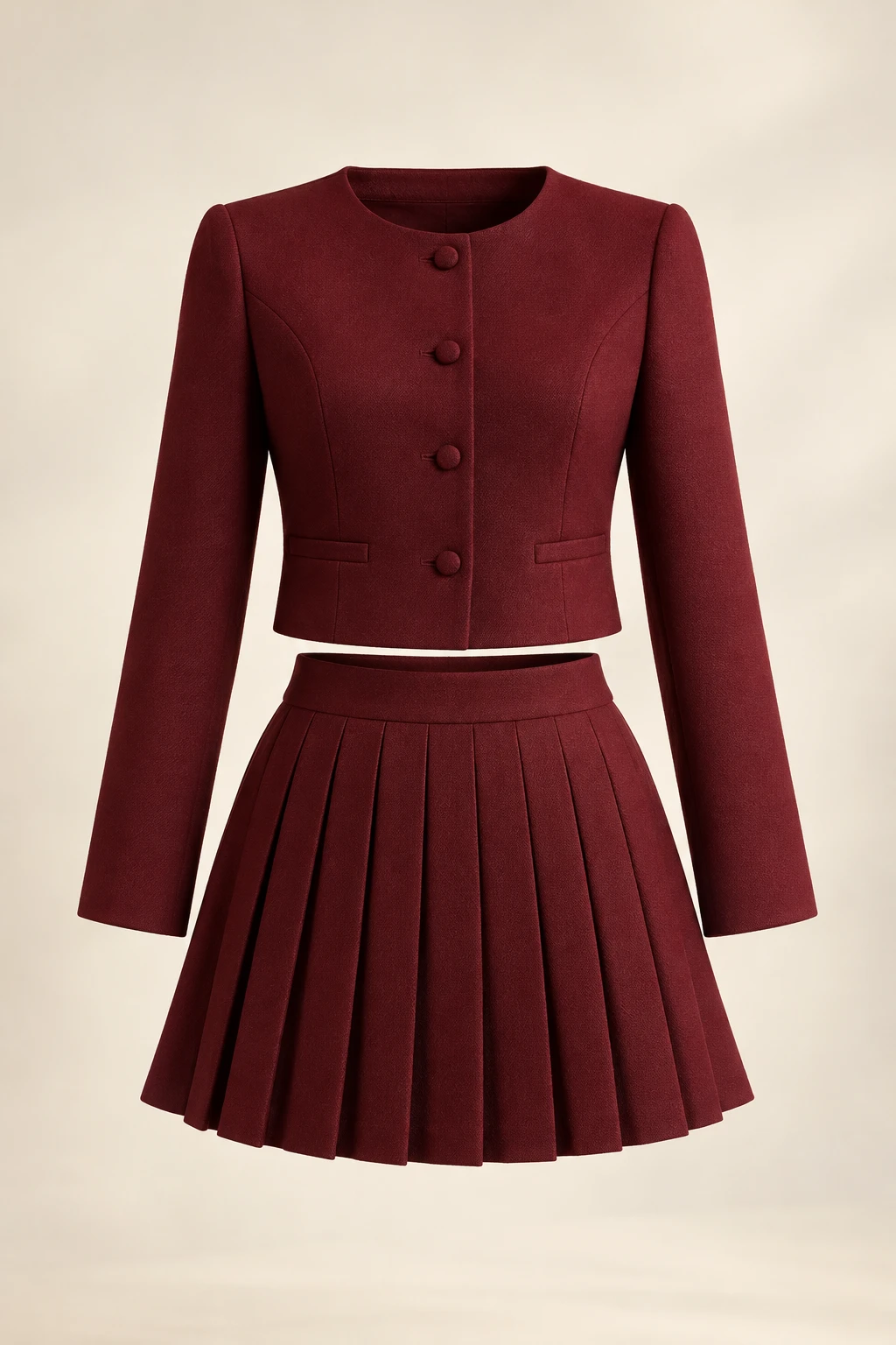 Oxford Burgundy Pleated Set: Long-sleeved cropped button jacket and solid burgundy pleated skirt